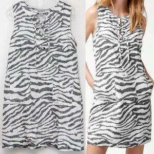 Tommy Bahama Zeb-Ra-Taunt Linen Shift Dress Sleeveless Black White Size Medium